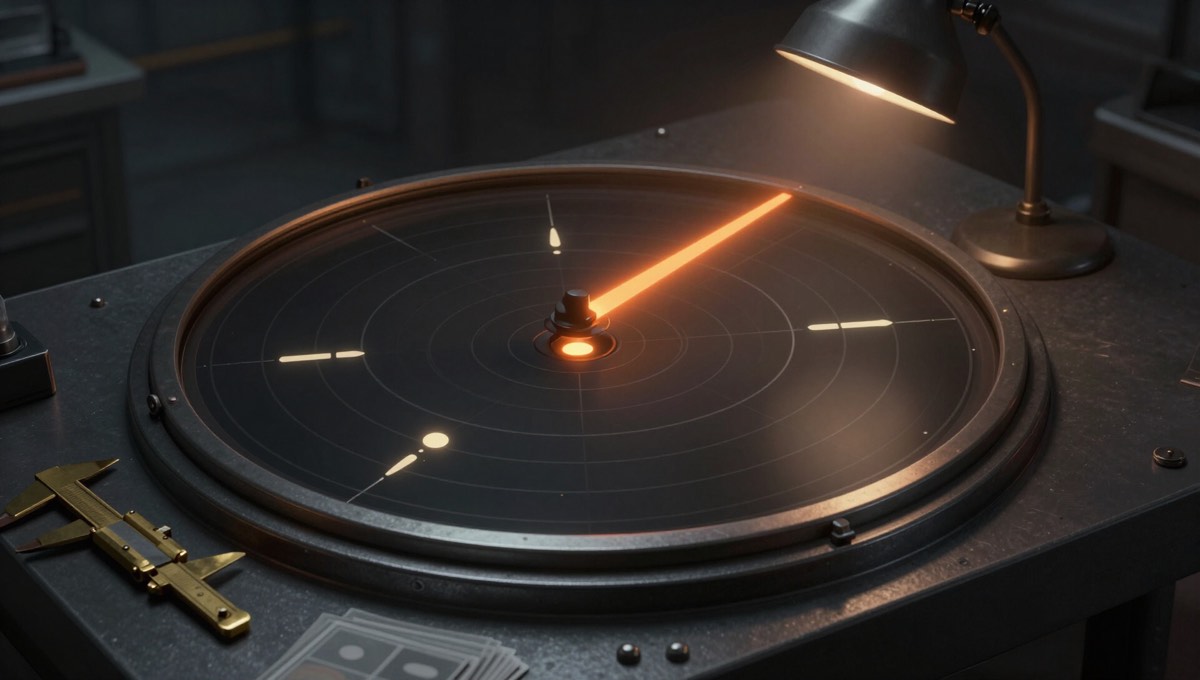 A precision radar dial tracking a bright price signal