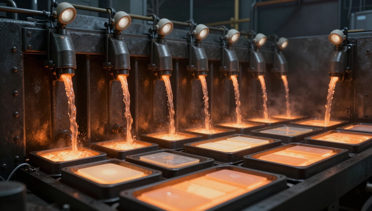 Molten data streams pouring into product-card moulds