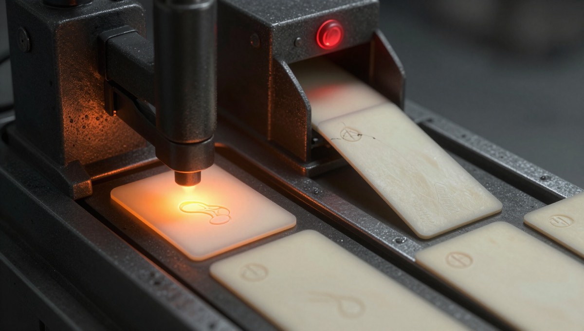 A glowing assay mark being pressed into a product card